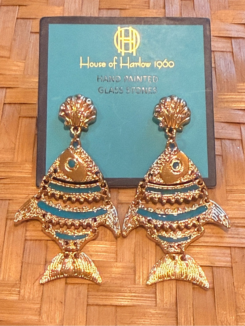 House of Harlow 1960 Gold & Turquoise Fish Drop Earrings NWT